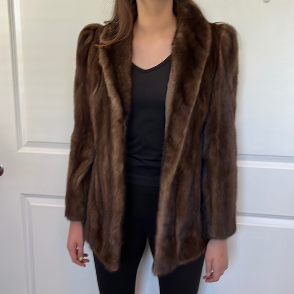 Vintage 90s Evans Collection chocolate brown Saga mink coat Robinsons size L - Picture 1 of 13